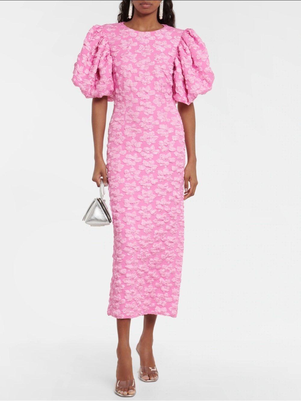 Pink Puff-Sleeve Midi Dress